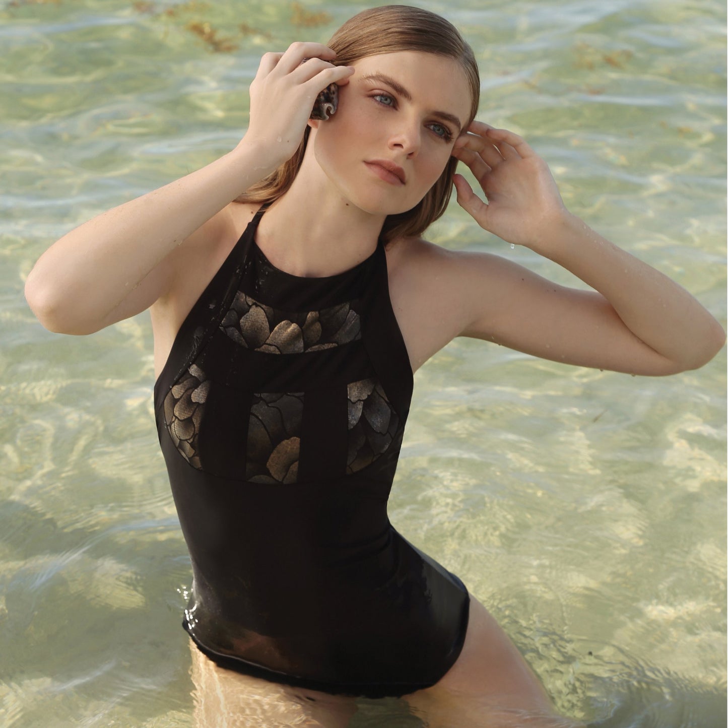 ISABELLE high neck one piece, bronze brocade panel black swimsuit by french luxury swimwear brand: ALMA – lookbook 1