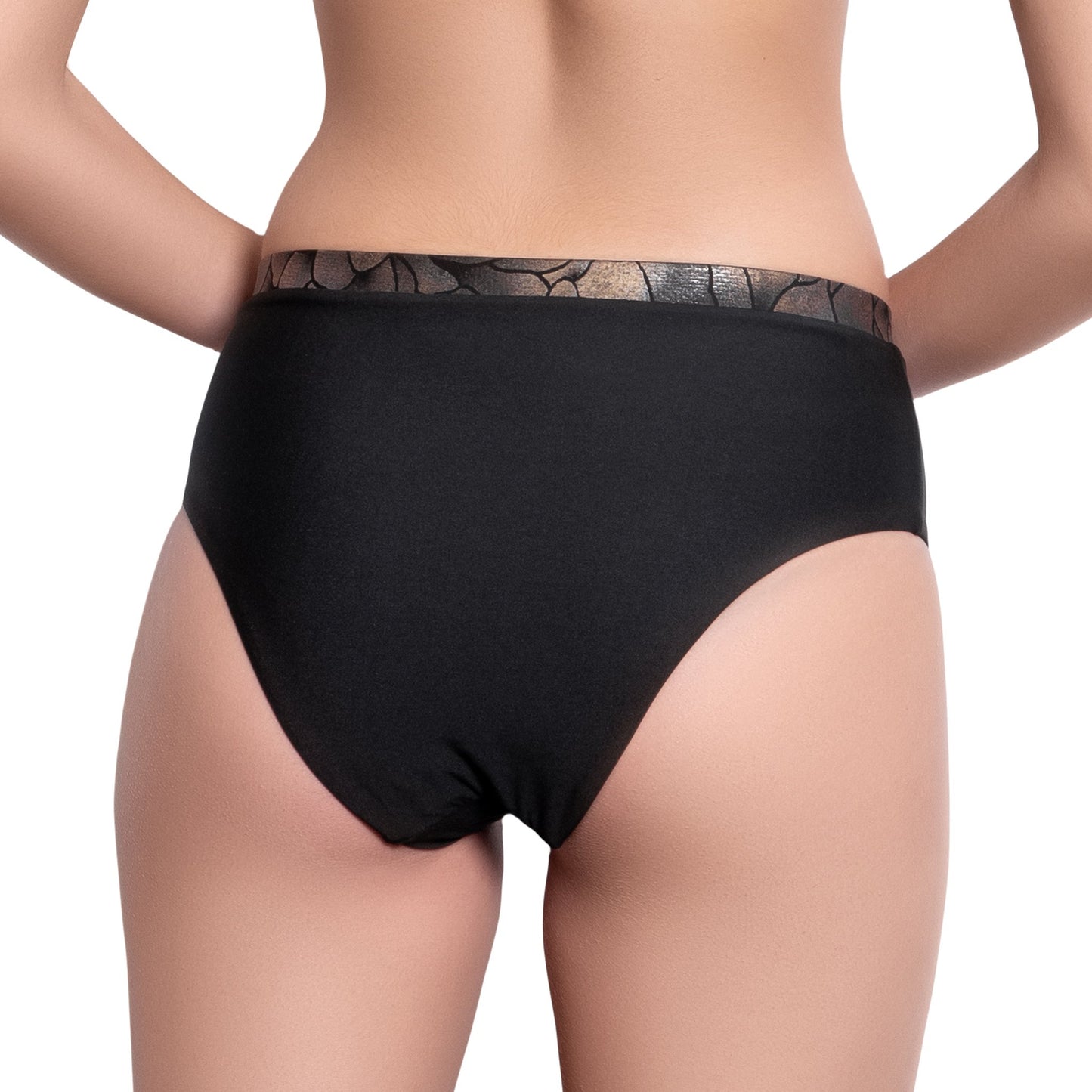 ISABELLE high rise panty, bronze brocade waistband black bikini bottom by ALMA swimwear – back view