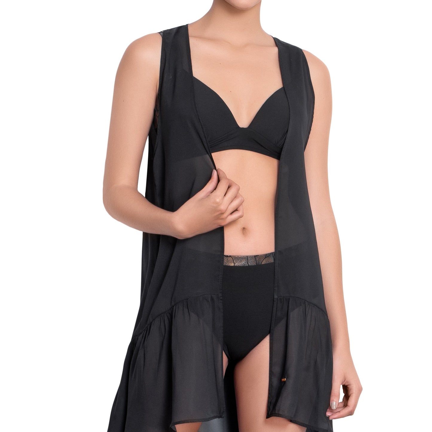 ISABELLE long back dress, black chiffon cover up by ALMA swimwear – front view 1