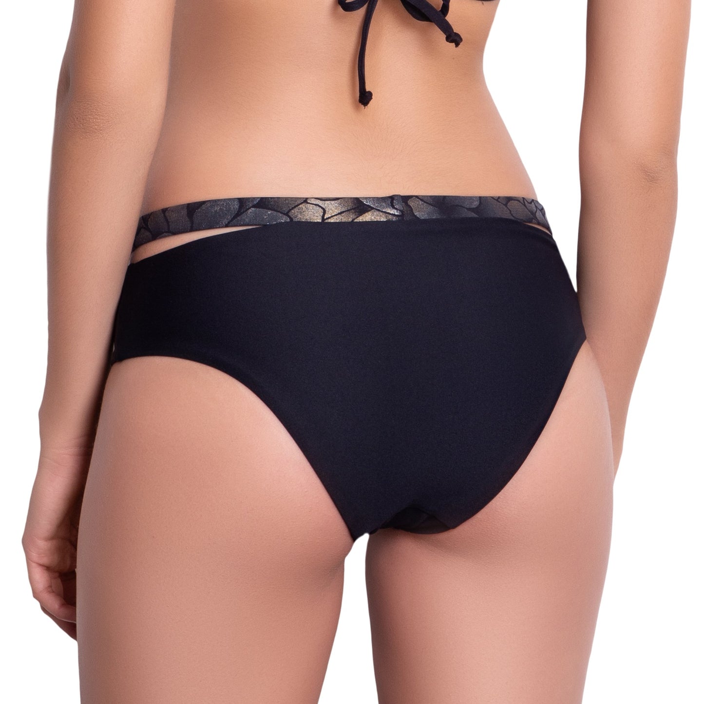 ISABELLE medium rise panty, bronze brocade cutout waistband black bikini bottom by ALMA swimwear – back view