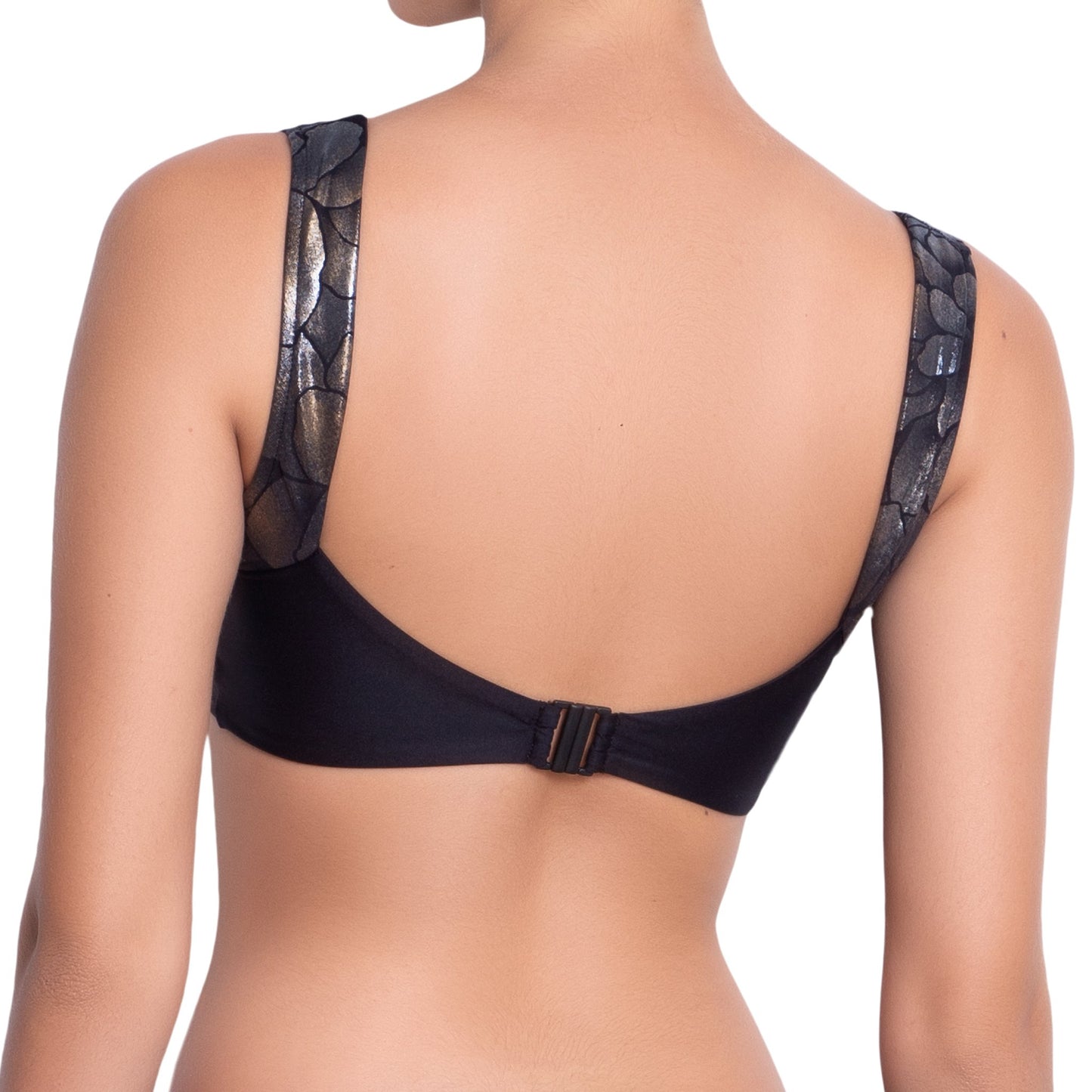 ISABELLE molded bra, bronze brocade straps black top by ALMA swimwear – back view