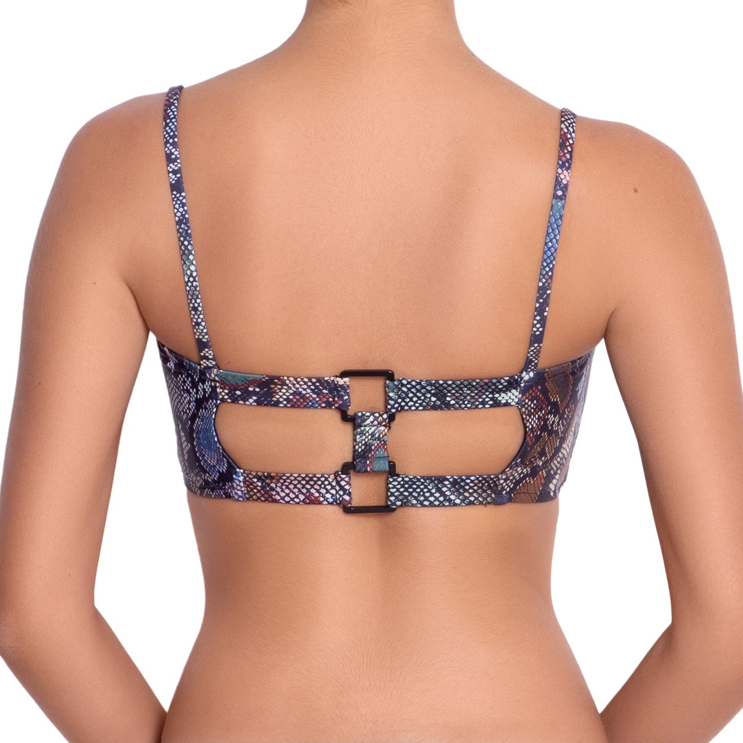 MARION bandeau bra, printed bikini top by ALMA swimwear – back view