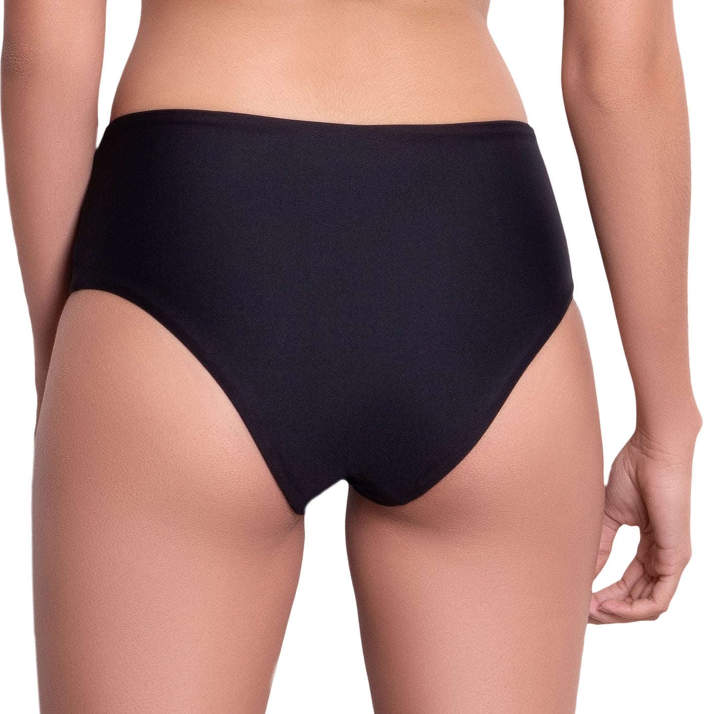 LÉA High rise panty, solid black bikini bottom by ALMA swimwear – back view