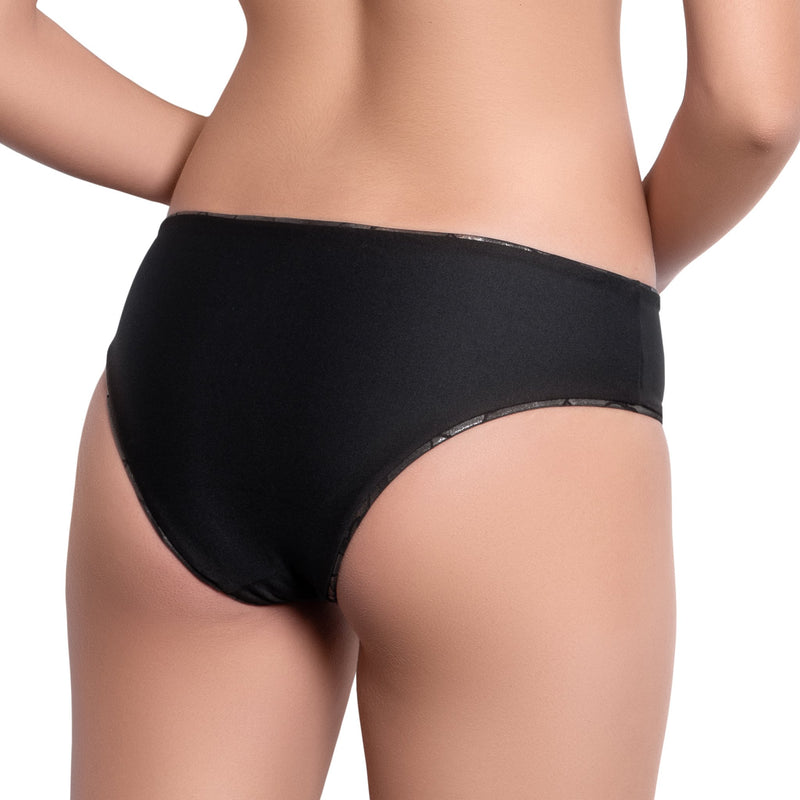 ISABELLE classic panty, bronze brocade trim black bikini bottom by ALMA swimwear – back view