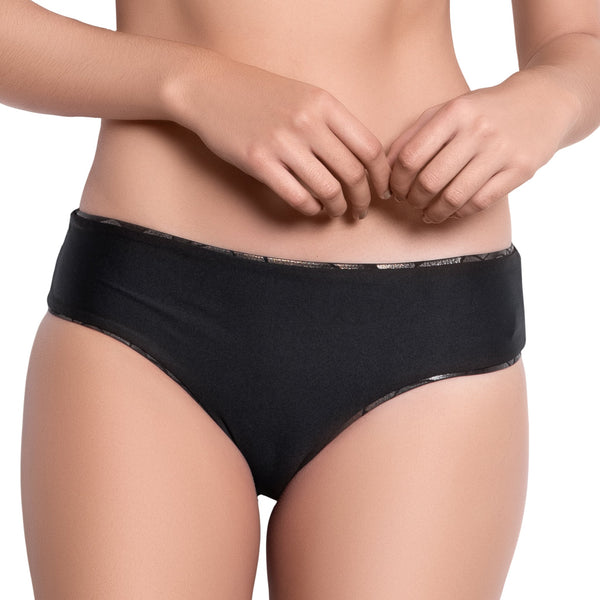 ISABELLE classic panty, bronze brocade trim black bikini bottom by ALMA swimwear – front view 2
