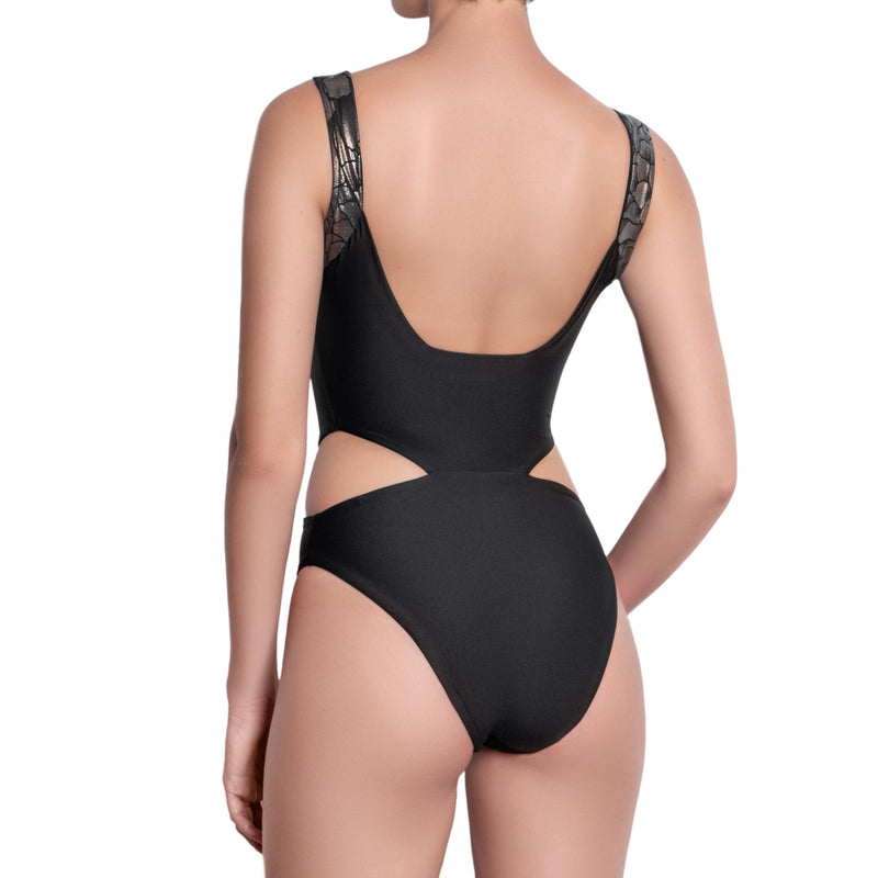 ISABELLE  cut out one piece, bronze brocade straps black swimsuit by ALMA swimwear – back view