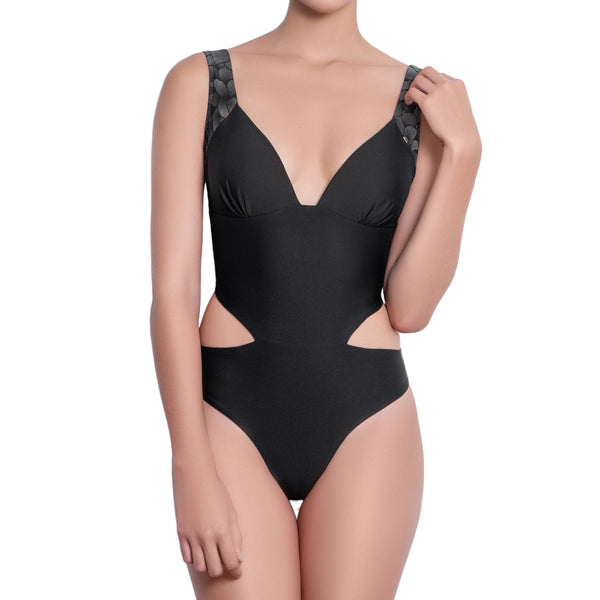 ISABELLE cut out one piece, bronze brocade straps black swimsuit by ALMA swimwear – front view 1