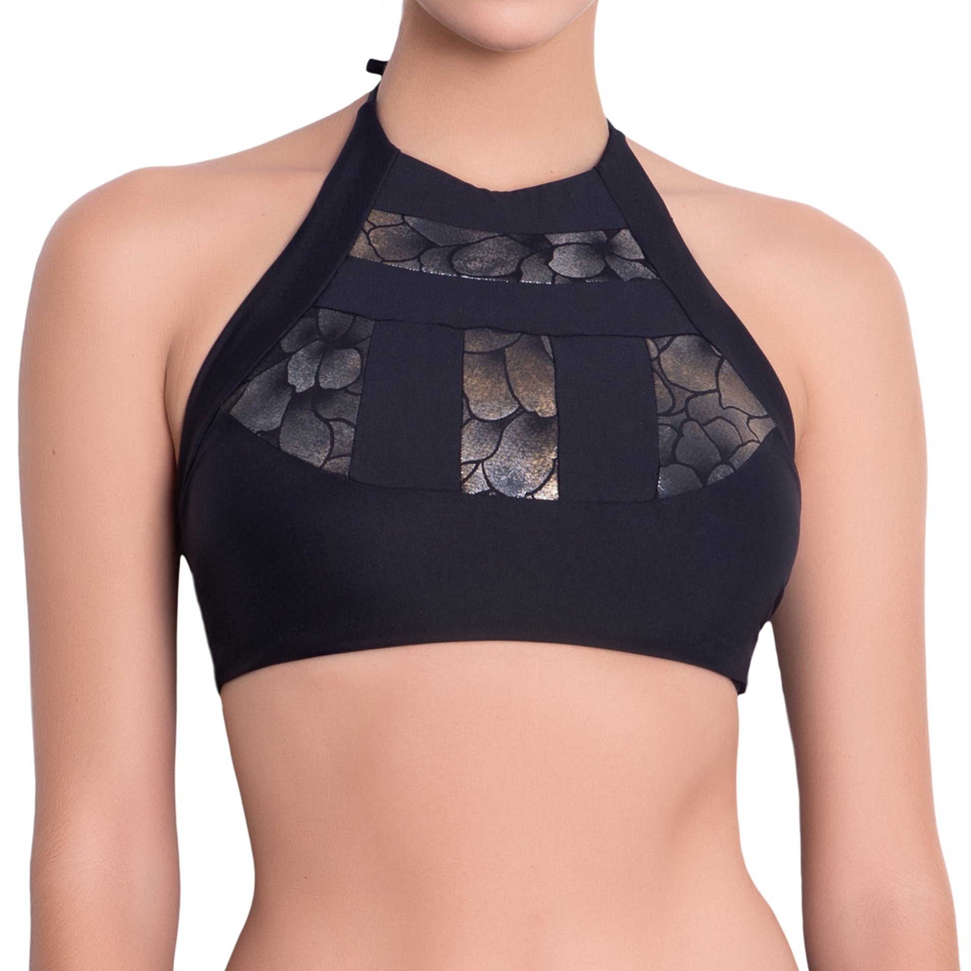 ISABELLE high neck bra, bronze brocade panel black bikini top by ALMA swimwear – front view 2