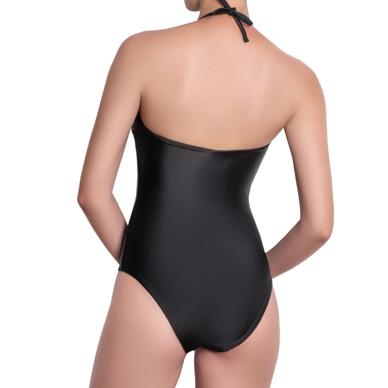 ISABELLE high neck one piece, bronze brocade panel black swimsuit by ALMA swimwear – back view 