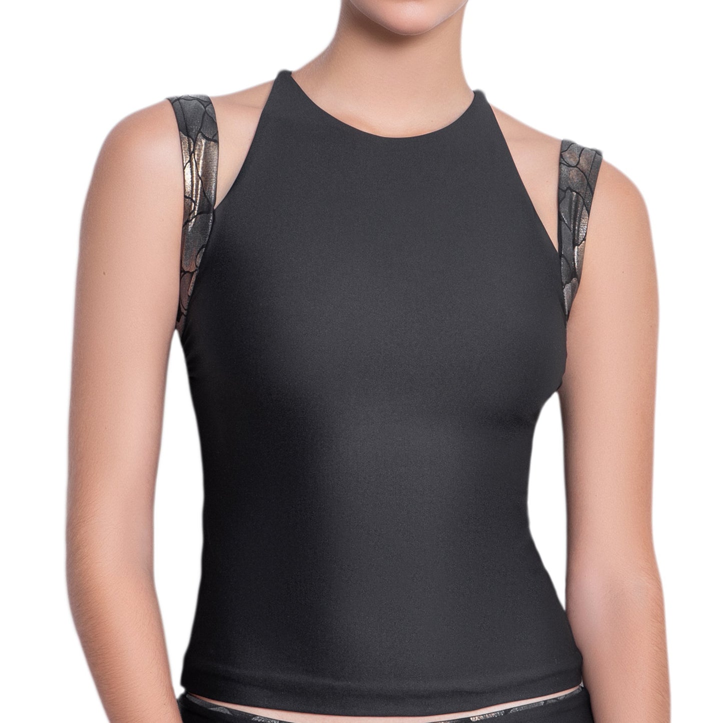 ISABELLE high neck tankini, bronze brocade straps black top by ALMA swimwear  – front view 2