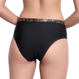 ISABELLE high rise panty, bronze brocade waistband black bikini bottom  by ALMA swimwear – back view 