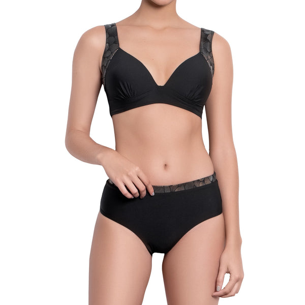 ISABELLE high rise panty, bronze brocade waistband black bikini bottom  by ALMA swimwear – front view 1