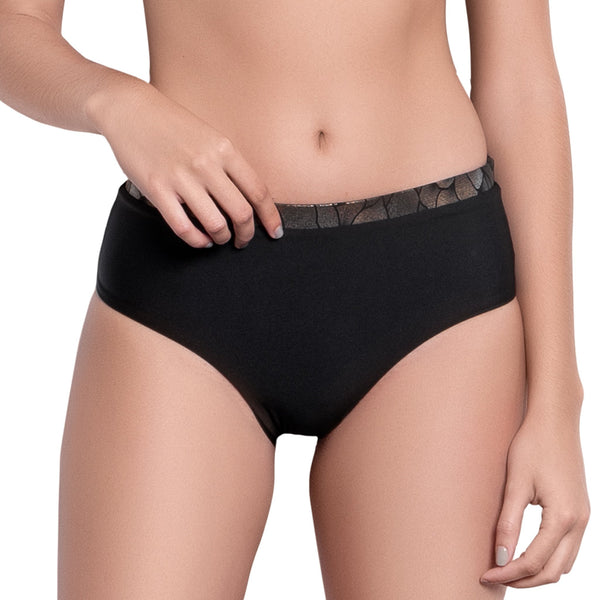 ISABELLE high rise panty, bronze brocade waistband black bikini bottom  by ALMA swimwear – front view 2