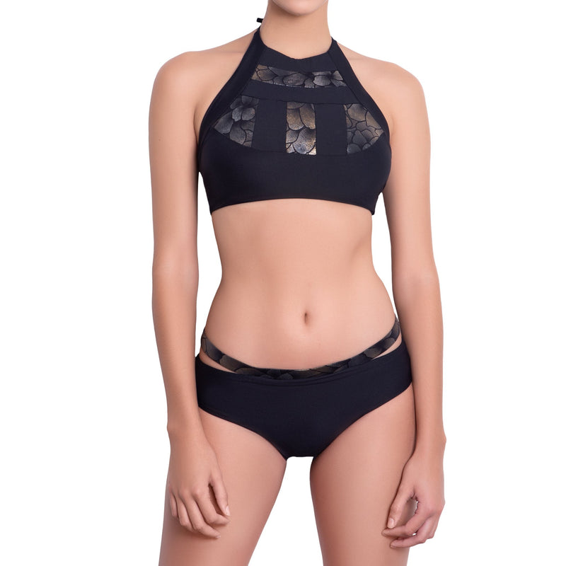 ISABELLE medium rise panty, bronze brocade cutout waistband black bikini bottom by ALMA swimwear – front view 1
