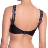ISABELLE molded bra, bronze brocade straps black top by ALMA swimwear – back view 