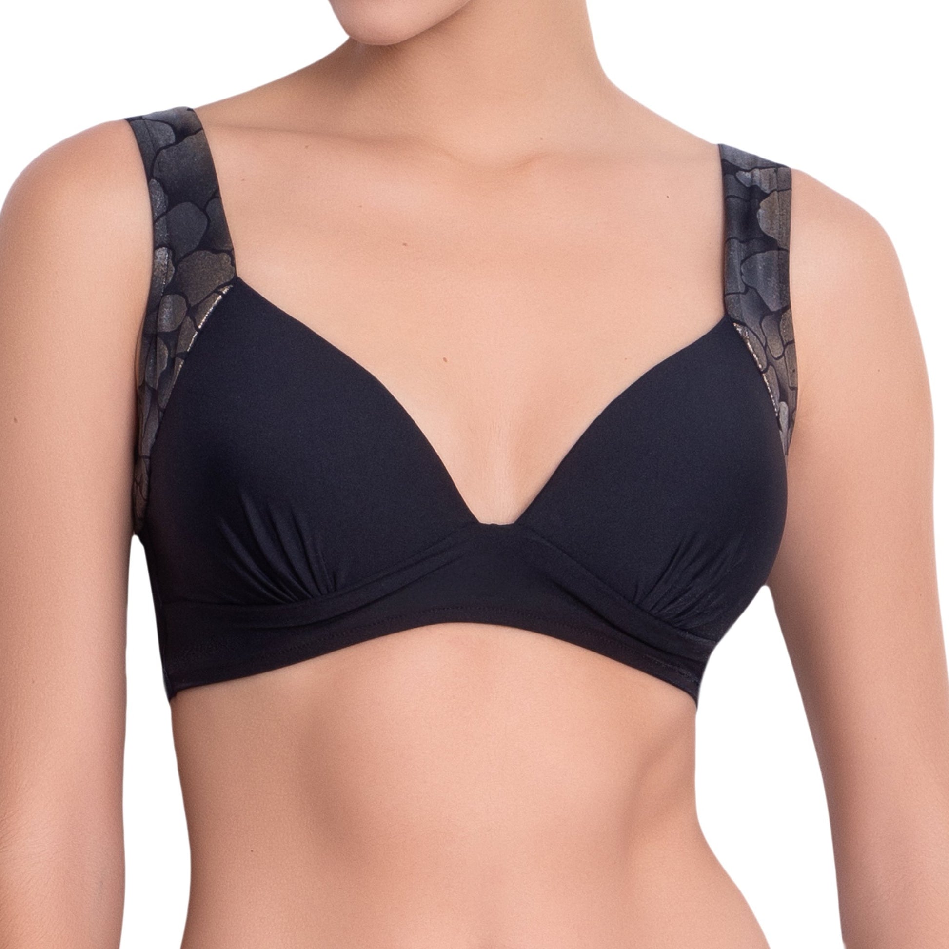 ISABELLE molded bra, bronze brocade straps black top by ALMA swimwear  – front view 2