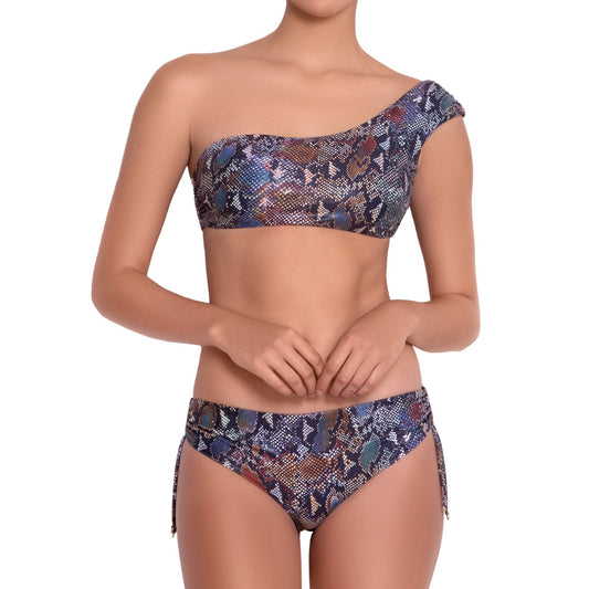 MARION asymmetric bra, printed bikini top  by ALMA swimwear – front view 1