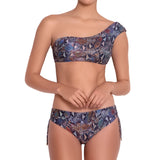 MARION asymmetric bra, printed bikini top  by ALMA swimwear – front view 1
