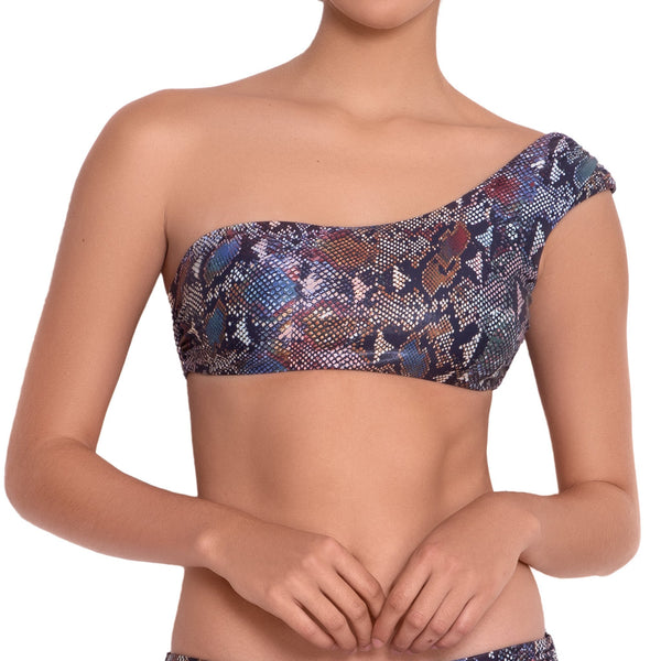 MARION asymmetric bra, printed bikini top  by ALMA swimwear – front view 2