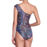 MARION asymmetric one piece, printed swimsuit by ALMA swimwear – front view 2