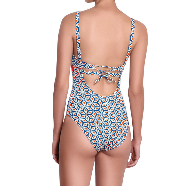 BÉRÉNICE halter one piece, printed swimsuit by ALMA swimwear – back  view 