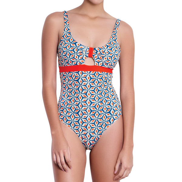 BÉRÉNICE halter one piece, printed swimsuit by ALMA swimwear – front view 1