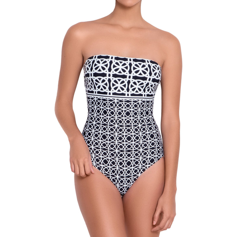 BRIGITTE bandeau one piece, printed swimsuit by ALMA swimwear – front view 2
