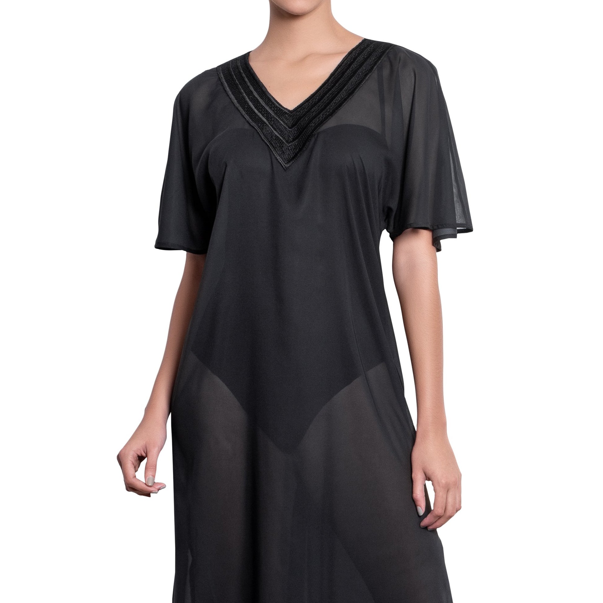BRIGITTE long kaftan, black cover up by ALMA swimwear – front view 1 