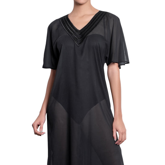 BRIGITTE long kaftan, black cover up by ALMA swimwear – front view 1 