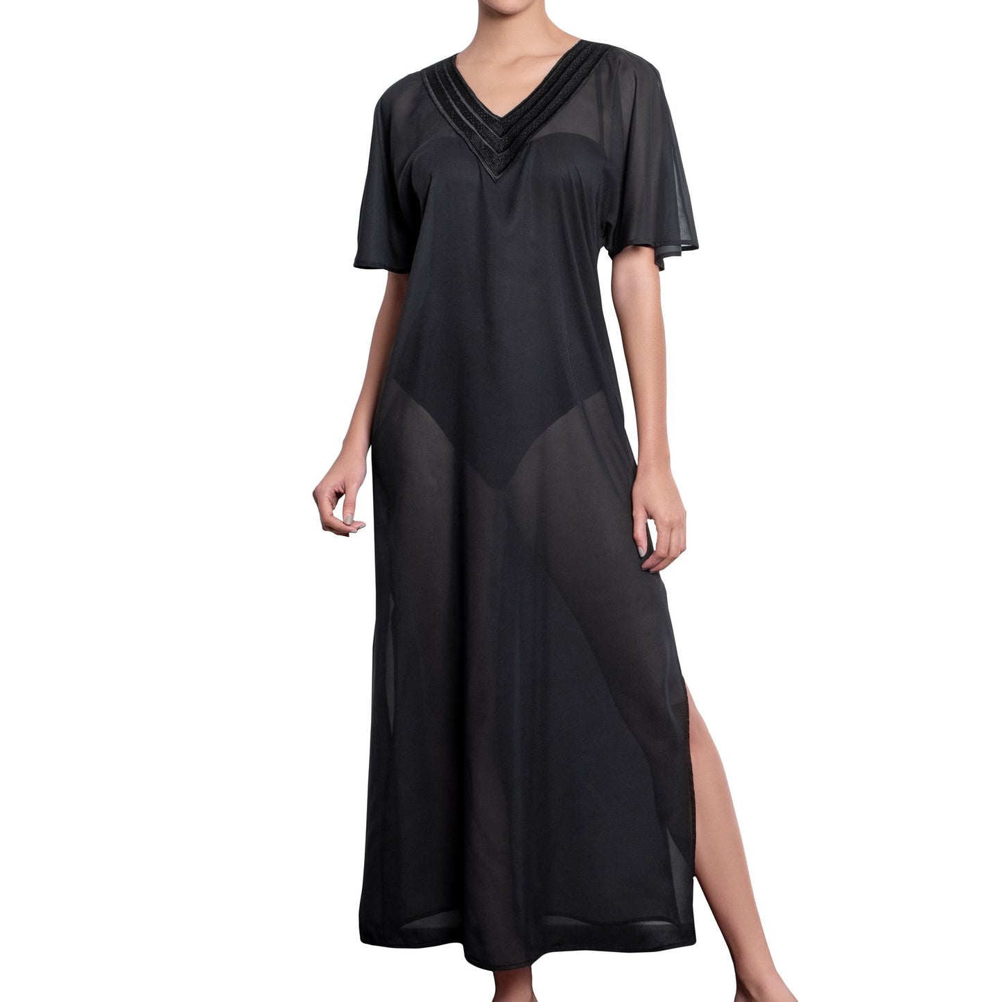BRIGITTE long kaftan, black cover up by ALMA swimwear – front view 2