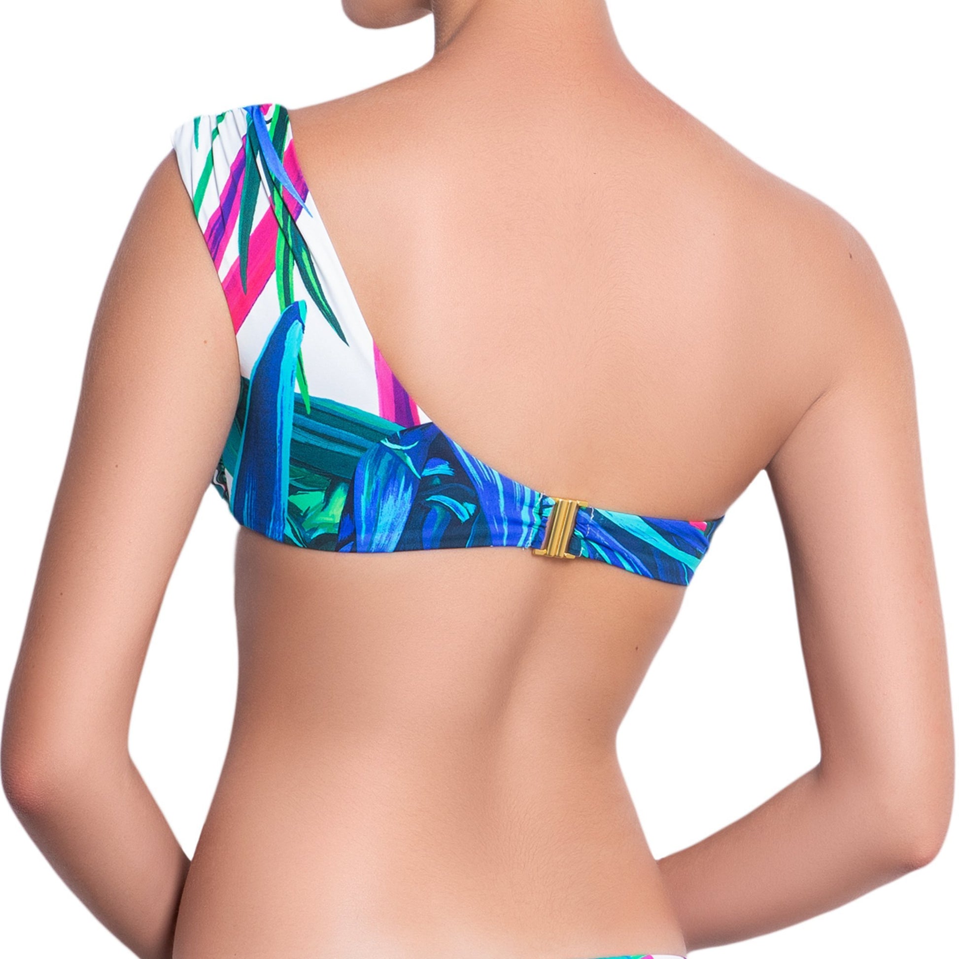 FANNY asymmetric bra, printed bikini top by ALMA swimwear – back  view 