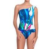 FANNY crossed belt panty, printed bikini bottom by ALMA swimwear – front view 1