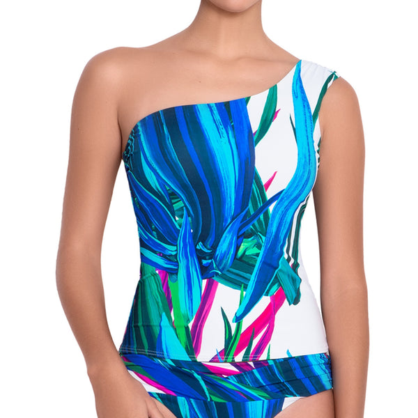 FANNY asymmetric tankini, printed top by ALMA swimwear - front view 2