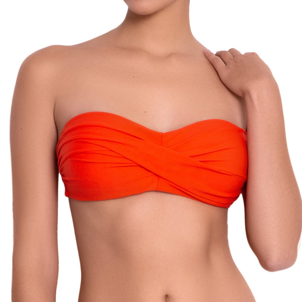JULIETTE bandeau bra, textured orange bikini top by ALMA swimwear – front view 2