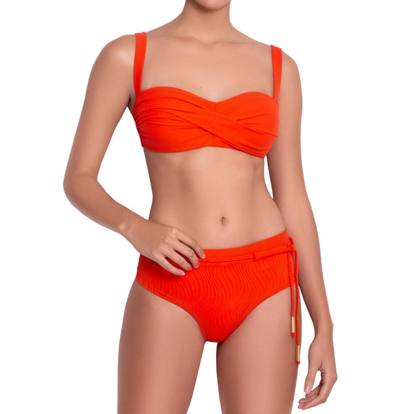 JULIETTE bandeau bra, textured orange bikini top by ALMA swimwear – front view 1