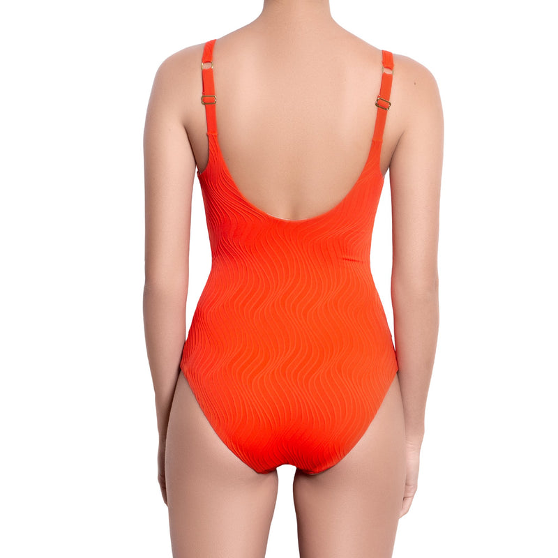 JULIETTE v-neck one piece, textured orange swimsuit by ALMA swimwear – back view 