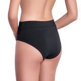 LÉA foldable belt panty, solid black bikini bottom by ALMA swimwear – back view 