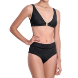 LÉA foldable belt panty, solid black bikini bottom by ALMA swimwear – front view 1