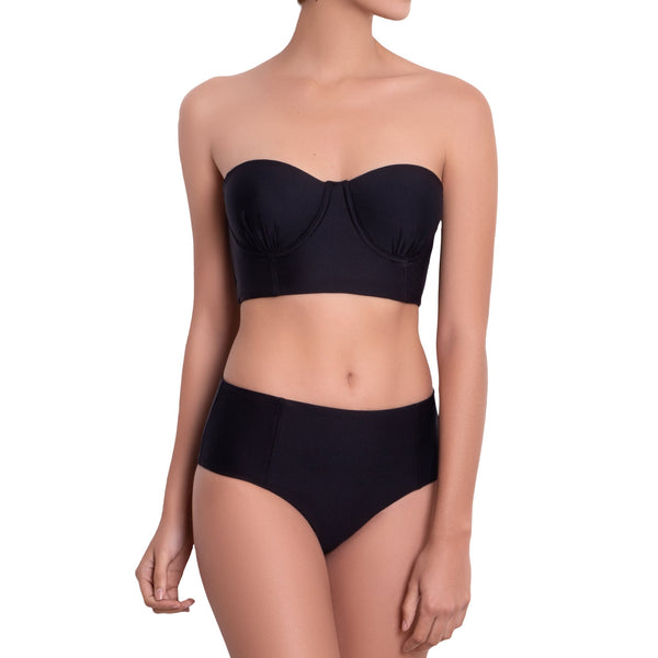 LÉA High rise panty, solid black bikini bottom by ALMA swimwear – front view 1