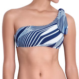 SOPHIE asymmetric bra, printed bikini top by ALMA swimwear – front view 2